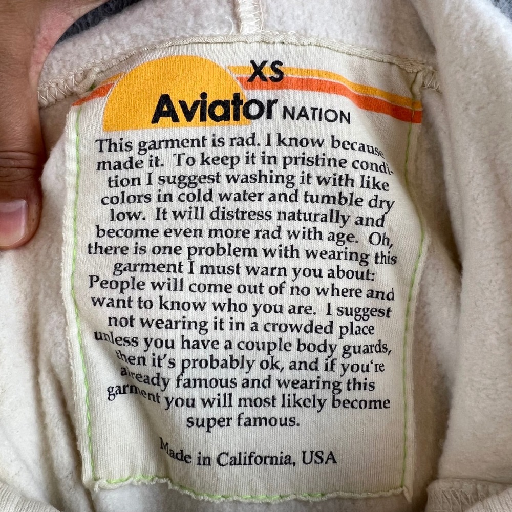 Aviator Nation Cream White Rainbow Logo Funnel Neck Hoodie Zip Pocket Women XS - Picture 4 of 13
